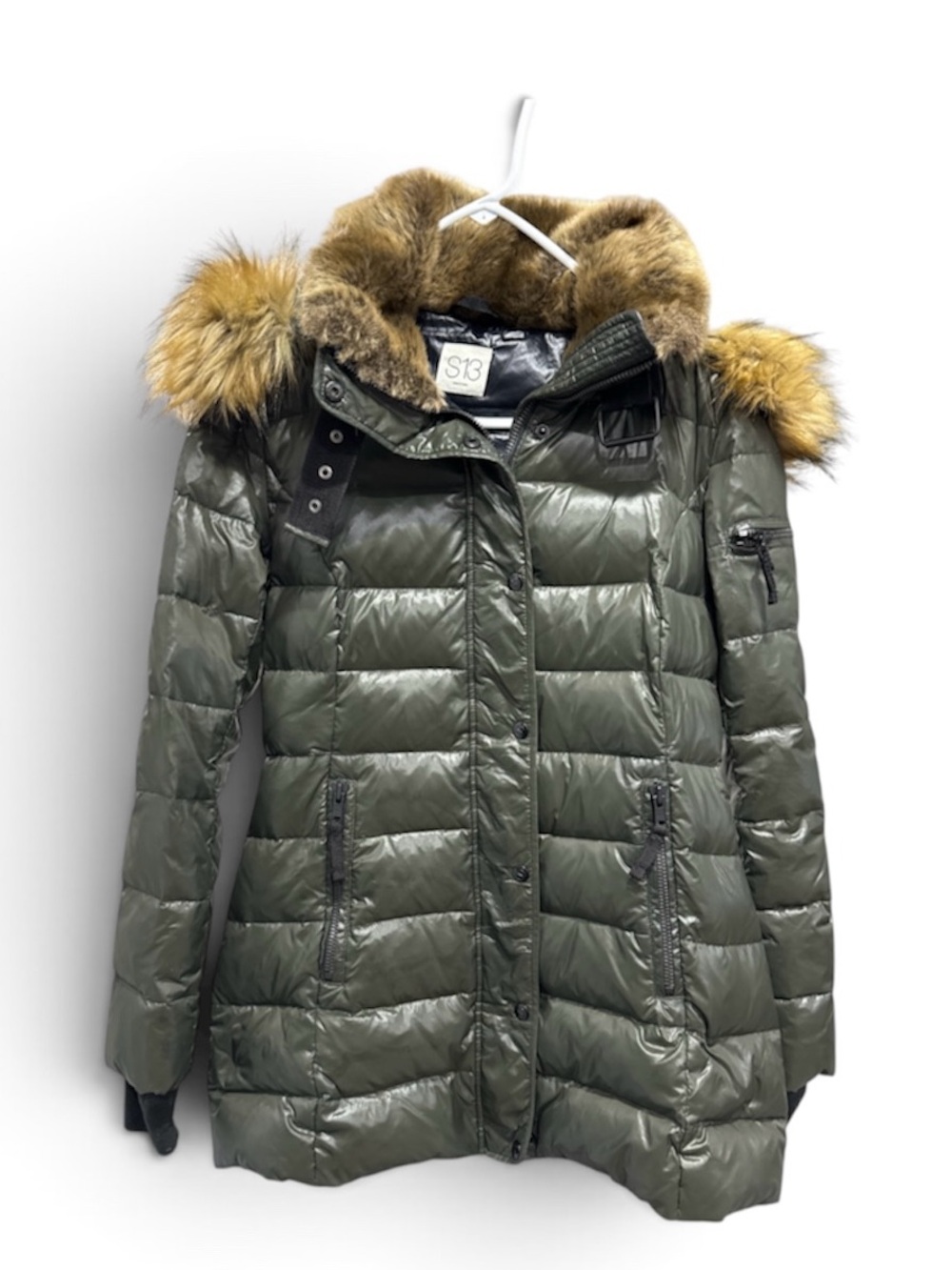 S13 New York green puffer jacket hood faux fur trim down mid length pockets S